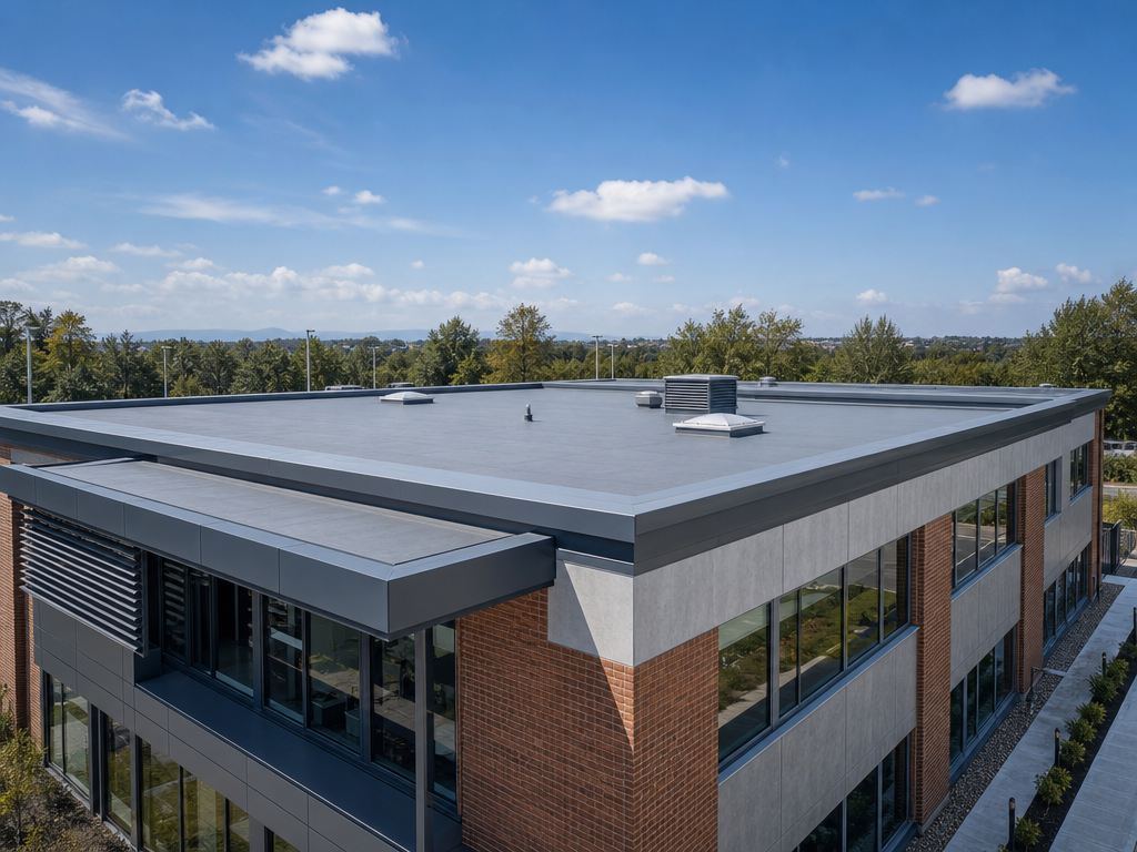Completed flat roof on a contemporary commercial building under a blue sky