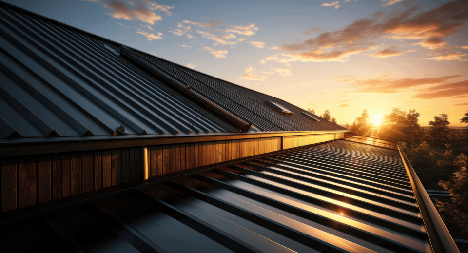 Pitched roofing installation showing metal sheets and dormer windows